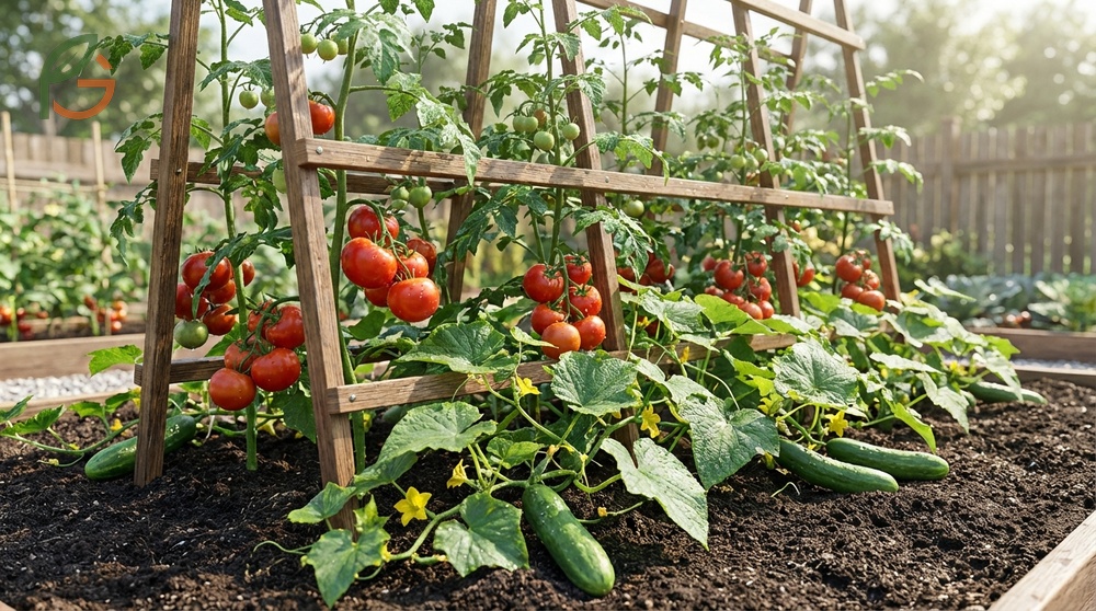 Growing cucumbers and tomatoes together is successful when using trellises to manage the sprawling vines of both heavy feeders.