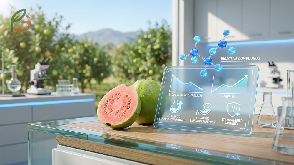 Health benefits of eating guava include strengthened immunity from antioxidants and improved digestive regularity.