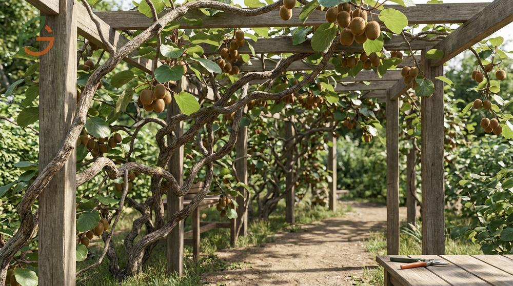 How do kiwis grow on vigorous woody vines requiring strong trellis support structures for fruit production.