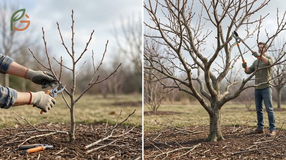 A gardener using loppers to prune a dormant persimmon tree during late winter for better structure.
