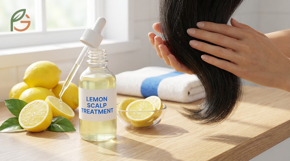 Lemon scalp treatment uses antimicrobial citric acid to inhibit dandruff causing fungus and regulate oil production.