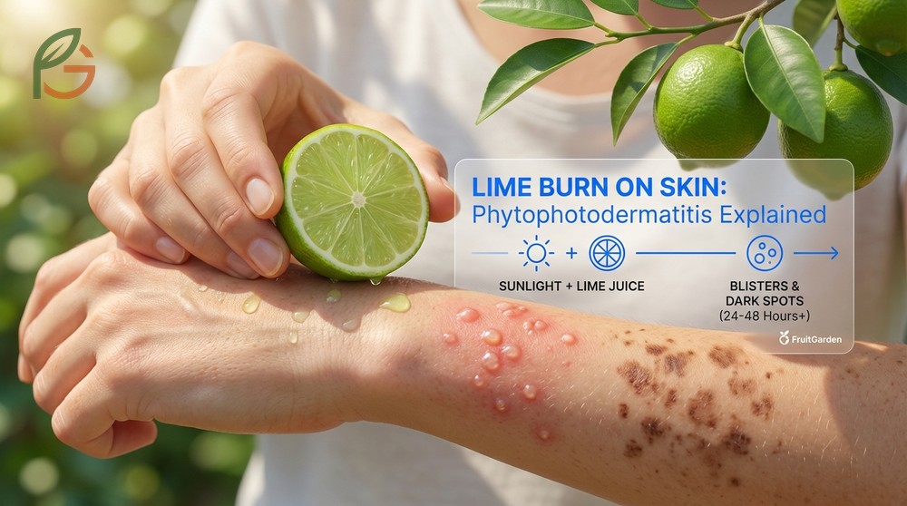Lime burn on skin explained with details on phototoxic reactions, blister formation, and treatment timelines.