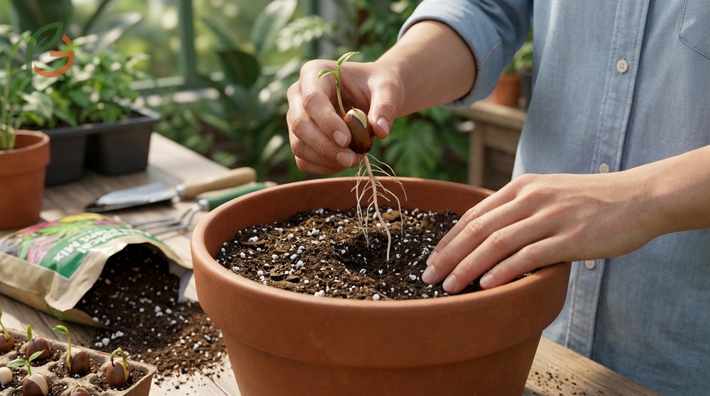 Lychee seed propagation in a 6 inch pot with a mix of peat and perlite for good drainage.