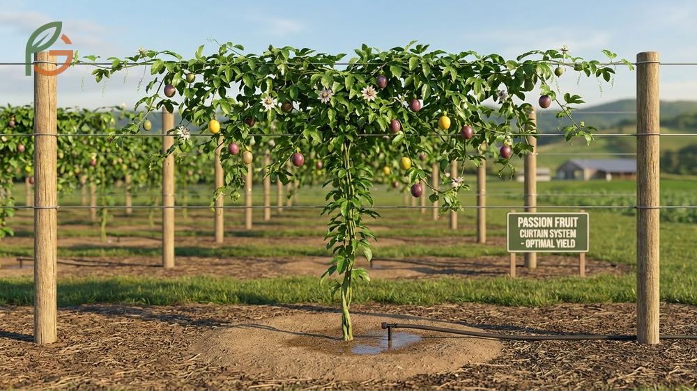 Passion fruit trellis ideas succeed when young vines are trained to a single leader during the first 60 days.