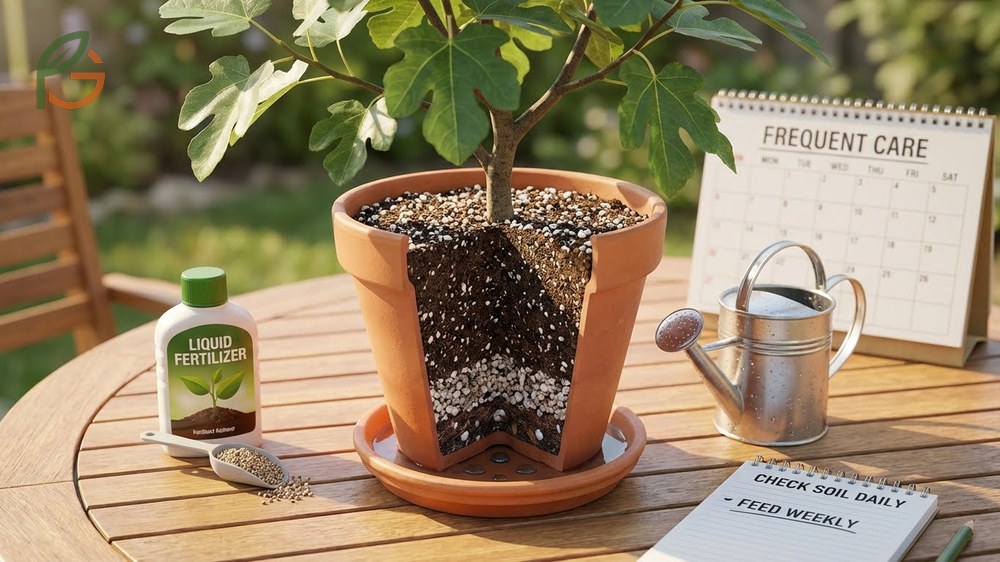 Potted fig care requirements including daily watering in summer and balanced fertilization.