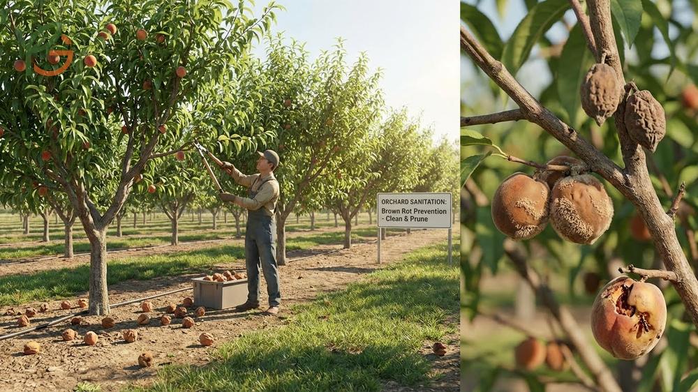 Preventing brown rot requires sanitation practices like removing mummified fruit and pruning to improve airflow and reduce humidity.