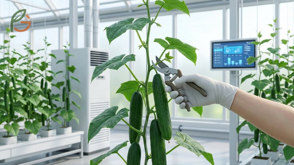 Pruning cucumber plants redirects nutrients to developing fruits leading to larger and more uniform harvest results.