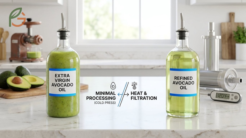 Refined vs extra virgin avocado oil comparing smoke points of 520 degrees versus 482 degrees for different cooking needs.