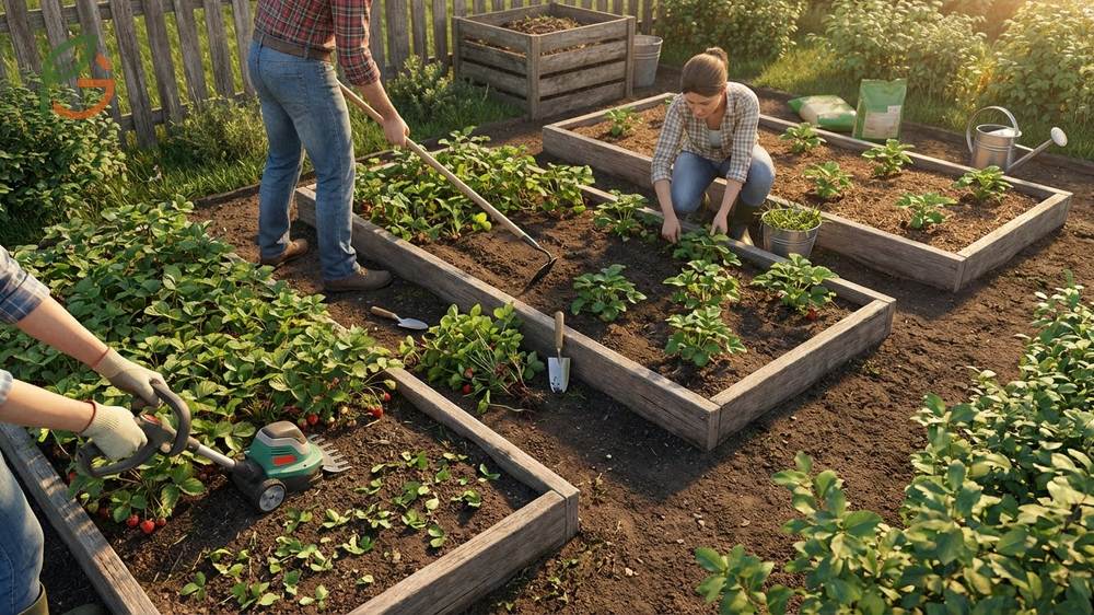 Gardener renovating a strawberry bed by mowing foliage and narrowing rows to stimulate new runner growth.