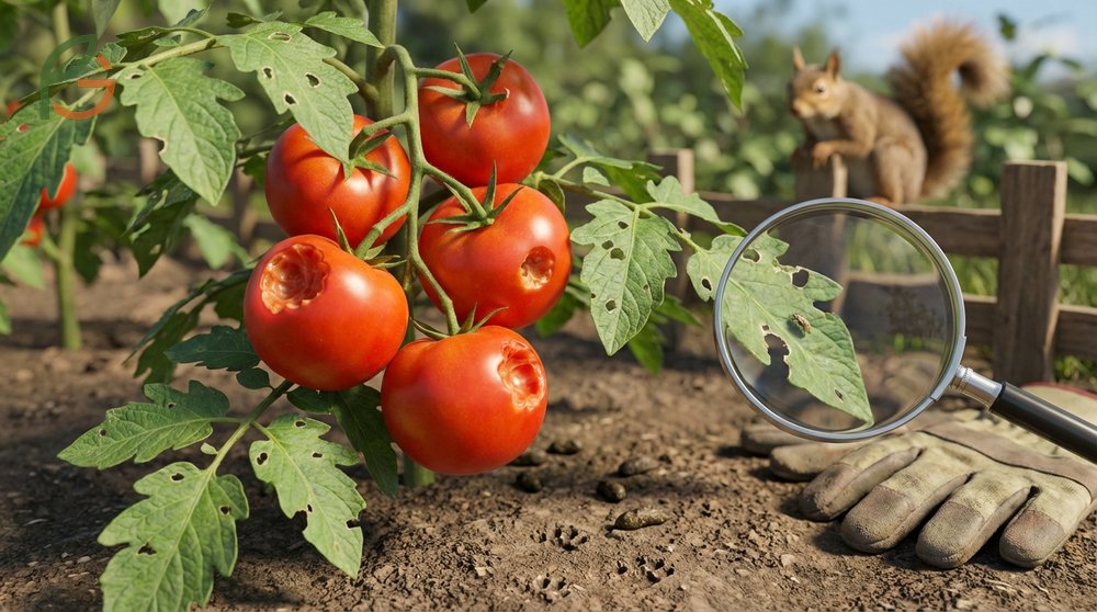 Signs of rodent damage on tomatoes showing distinct rounded gouges and teeth marks on the fruit.