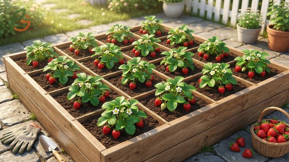Square foot gardening strawberries allows for planting one strawberry plant per square foot for efficient space utilization.