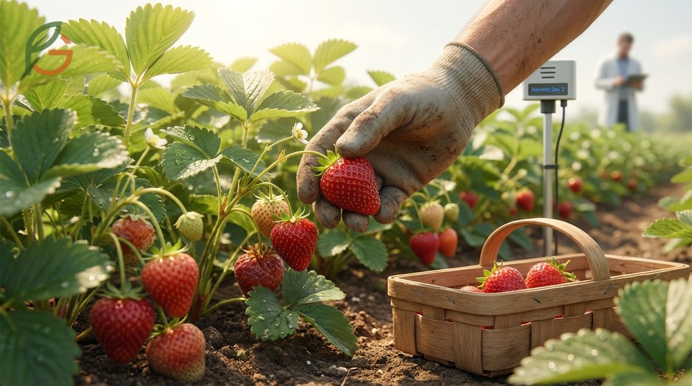 A gardener checking strawberry plants during peak season to harvest berries every two to three days.