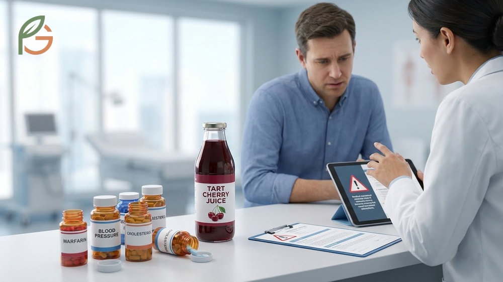 Tart cherry juice warnings regarding interactions with blood thinners like warfarin and medications for blood pressure.