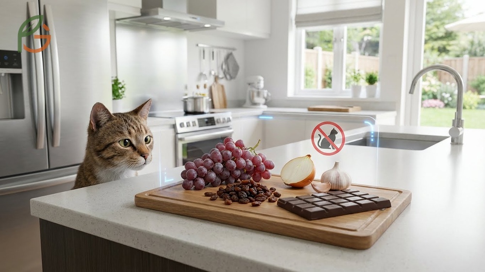 Toxic foods for cats list identifying dangers like grapes and chocolate to prevent poisoning.