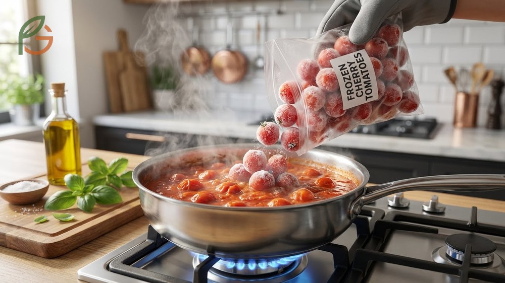 Using frozen cherry tomatoes in sauce is efficient as they break down quickly while cooking.