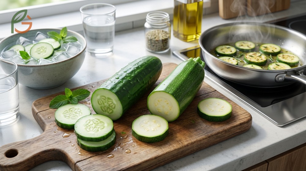 Zucchini vs cucumber taste differs as cucumbers lose crunch when heated above one hundred forty degrees unlike savory cooked squash.