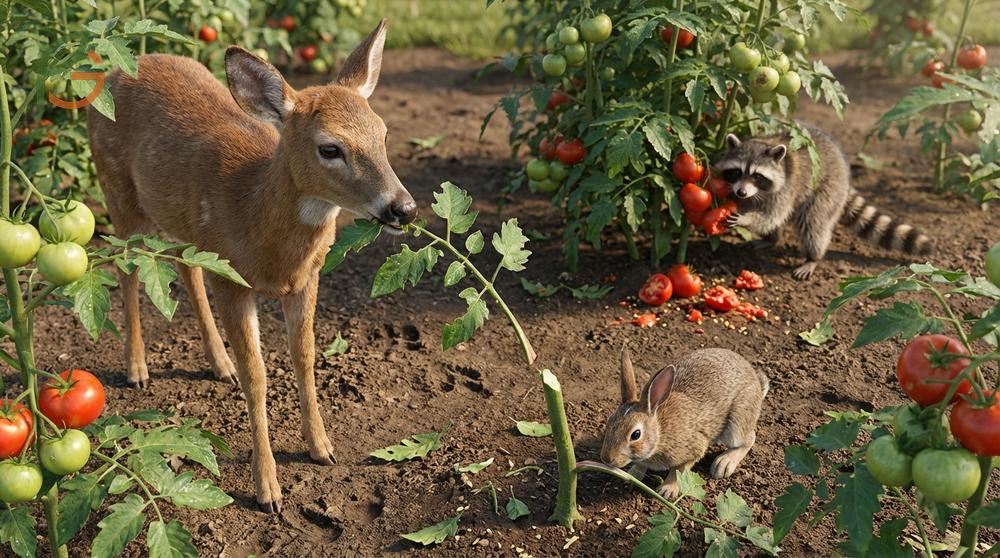 Animals that eat tomato plants including deer and rabbits causing visible damage to leaves and stems.