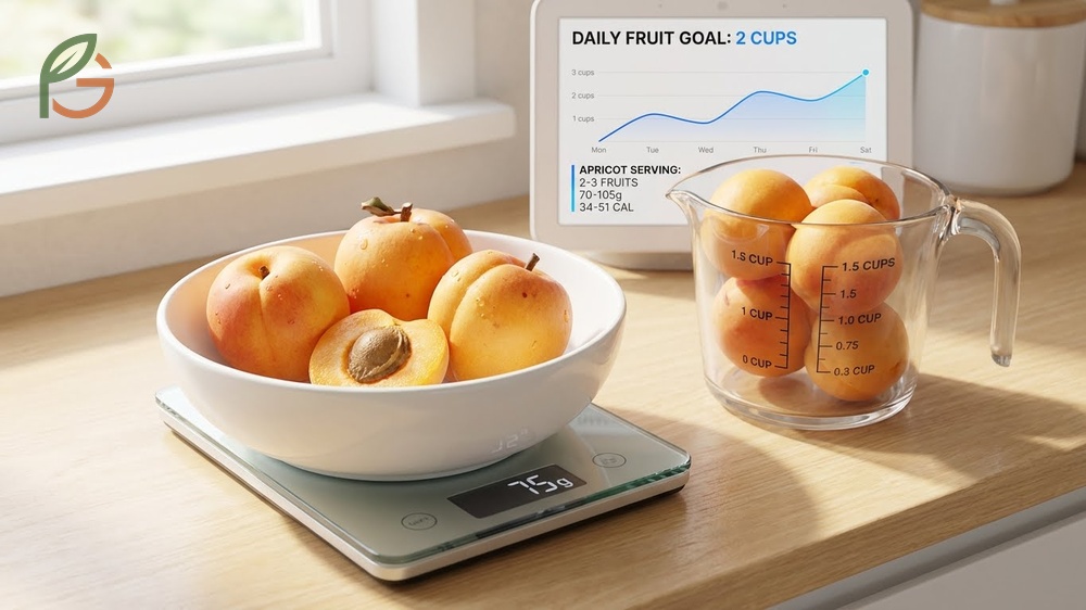 Standard apricot serving size of 2 to 3 medium fruits provides 34 to 51 calories for a healthy snack.