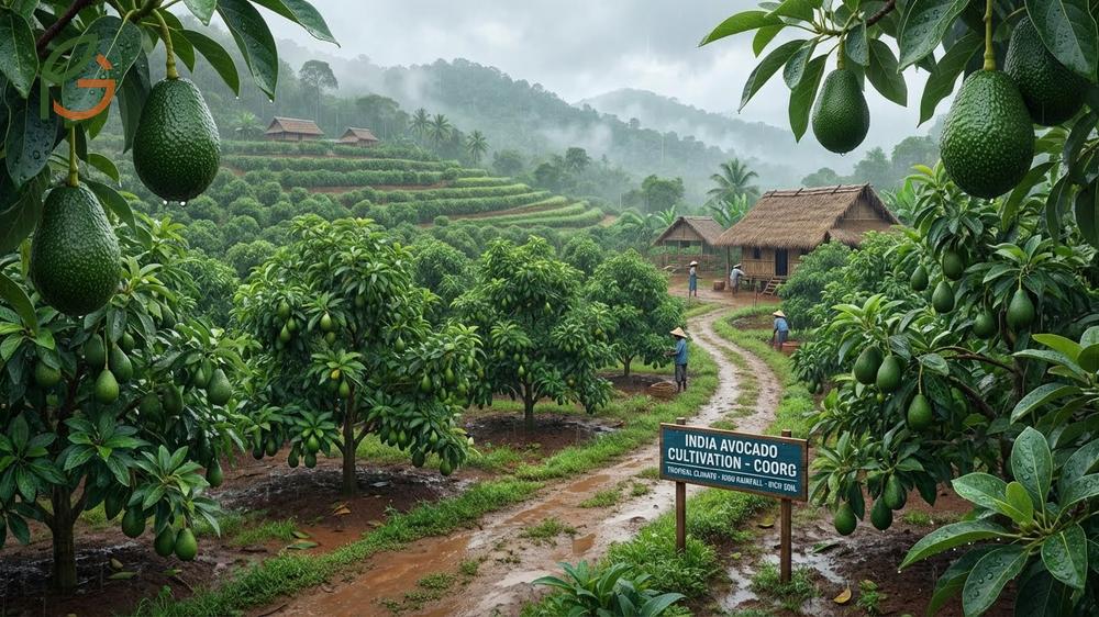 Avocado cultivation in India depicted in Coorg and Nilgiris with optimal rainfall and subtropical climate.