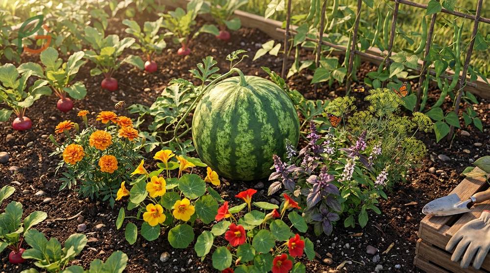 Beneficial companion plants like marigolds suppress nematodes while dill attracts ladybugs to eat pests.
