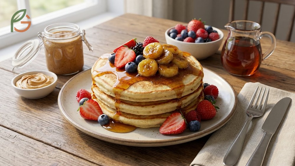 Banana pancake toppings like fresh berries and maple syrup enhance the natural sweetness of the fruit based breakfast.