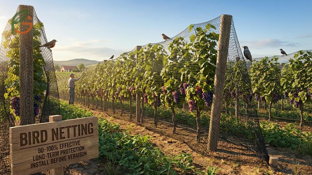 Bird netting grapes installation process showing side nets deployed two weeks before ripening for 90 percent effectiveness.