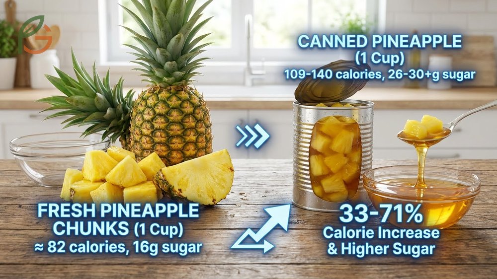 How many calories in pineapple canned in juice versus syrup showing higher sugar content values.