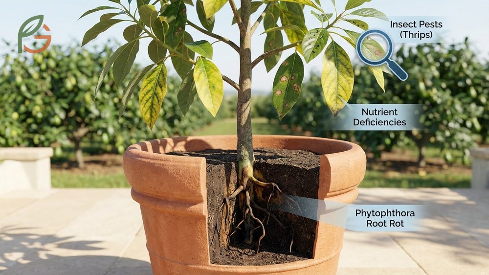 Common avocado tree problems identifying root rot symptoms and yellow leaves caused by nutrient deficiency.