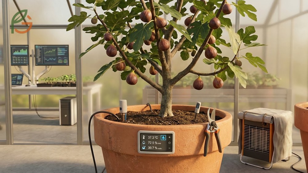 Container fig cultivation using full sun exposure and pruning to shape the tree canopy.