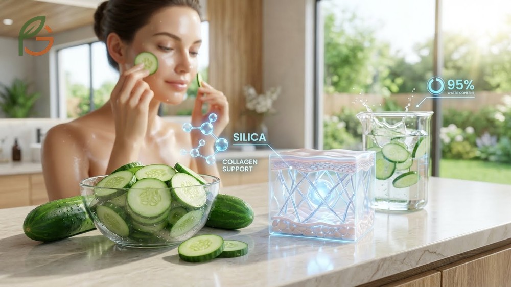 Cucumber benefits for skin include silica for collagen production and hydration that maintains elasticity and reduces puffiness.