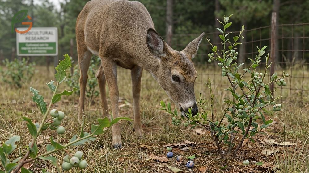 Deer eat blueberry plants by consuming tender leaves and flower buds especially during early spring growth phases.