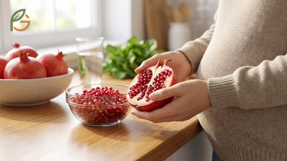 You can eat pomegranate seeds while pregnant to gain 7g of fiber per cup which helps prevent common digestive issues like constipation.