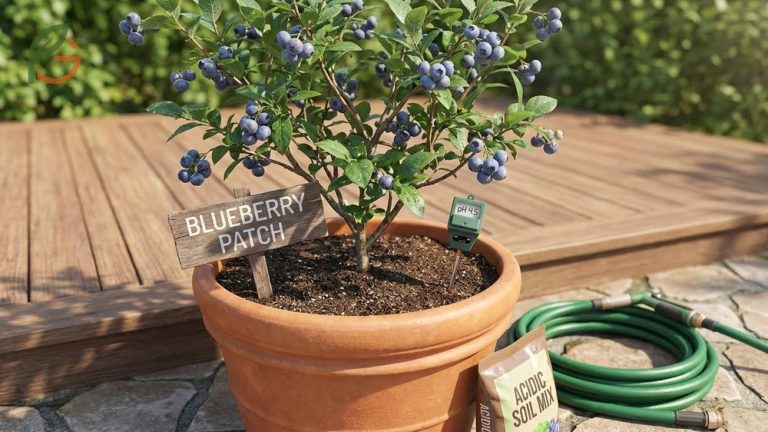 Blueberry plants in pots produce abundant harvests when grown in acidic soil with proper care.