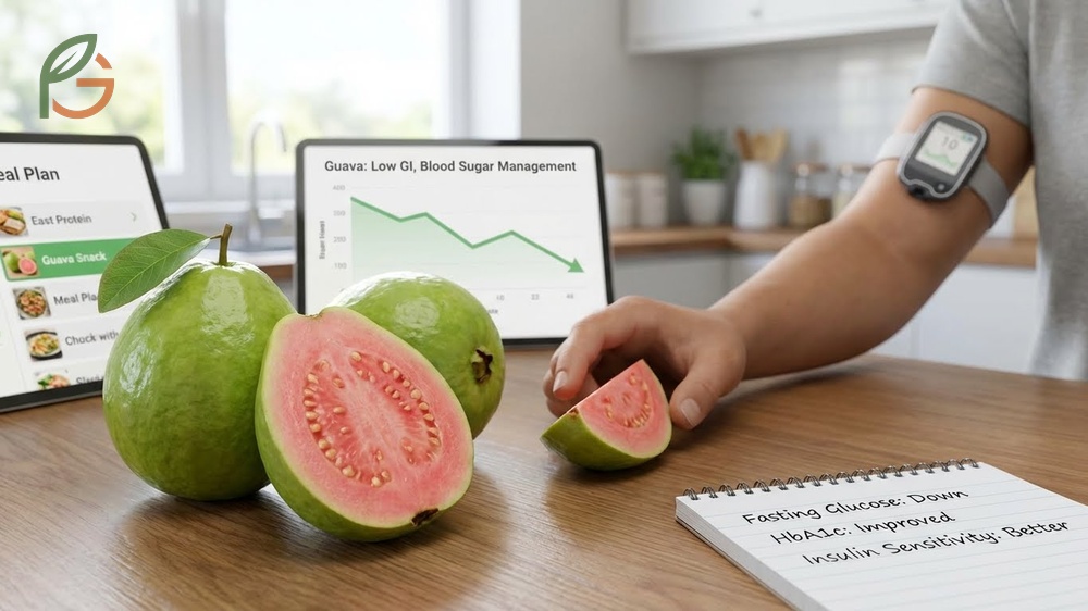 Guava benefits diabetics by having a low glycemic index that helps prevent sharp spikes in blood sugar levels.