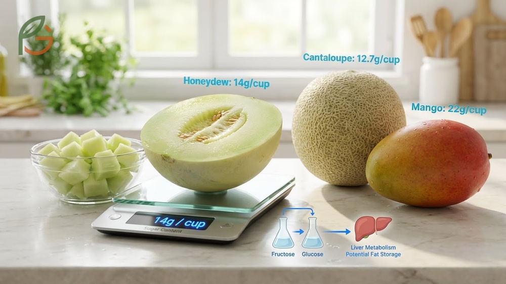 Honeydew sugar content levels showing 14g sugar per cup with high fructose concentration.