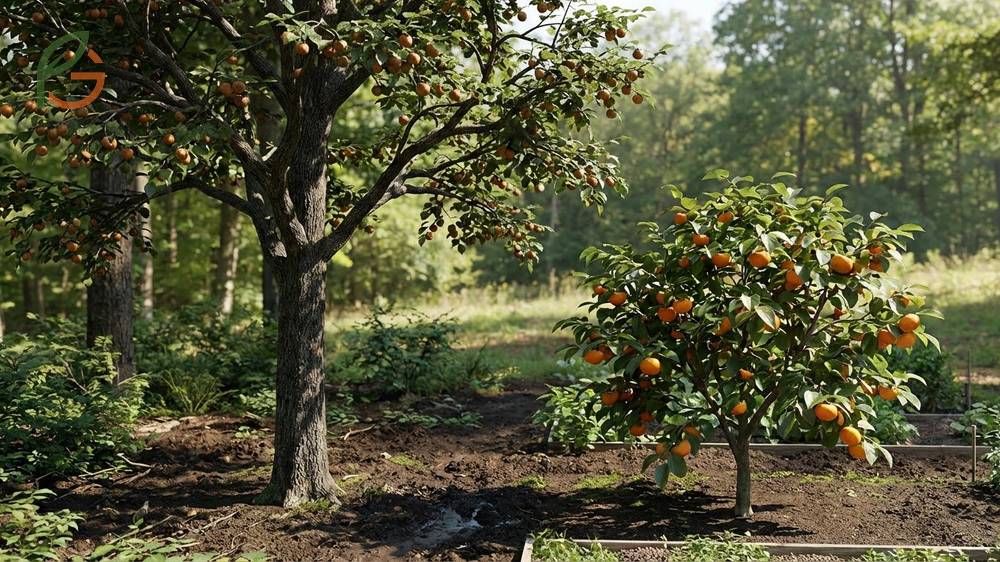 A mature American persimmon tree reaching 35 to 50 feet in height compared to a smaller Asian variety.
