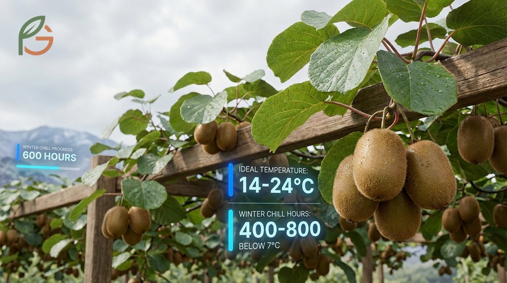 Kiwi climate zone requirements showing the optimal temperature range and winter chill hours needed for vines.