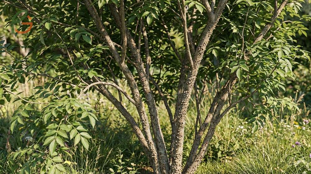 Elderberry plant identification showing multi-stemmed shrubs with compound leaves and white flower clusters.