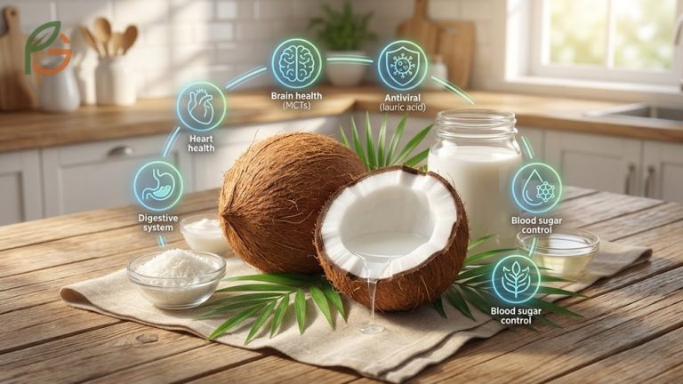 Is coconut good for you summary highlighting immune support and heart health advantages from daily intake.