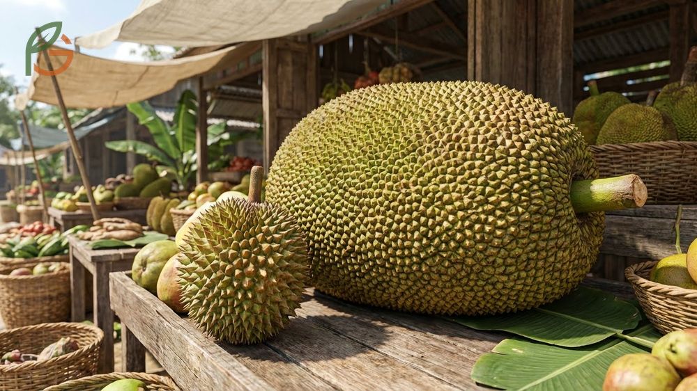 Jackfruit vs durian appearance guide showing massive 80-pound jackfruits compared to smaller 2 to 7 pound durians.