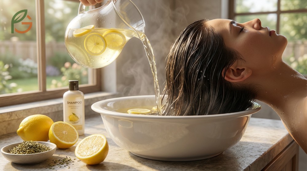 Lemon hair rinse clarifies strands and seals cuticles for increased shine when diluted with water.