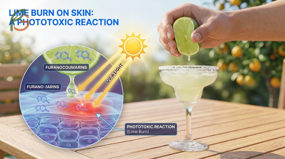 Lime burn on skin caused by furanocoumarins in citrus juice interacting with UV light to create painful blisters.