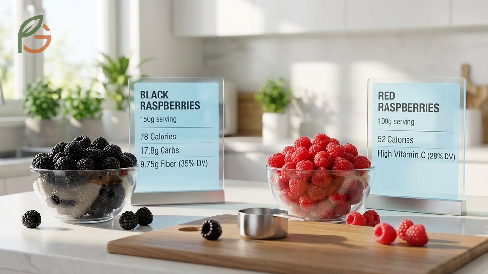 Nutritional comparison of berries highlighting black raspberries with 318 to 627mg anthocyanins per 100g.