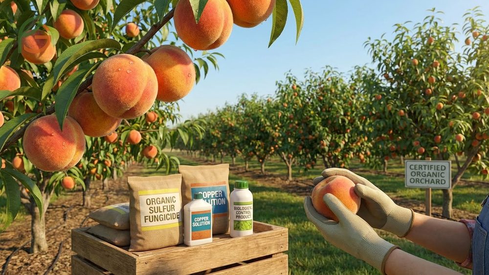 Organic peach fungicide options include sulfur and biological products like Bacillus subtilis to suppress disease in home orchards.