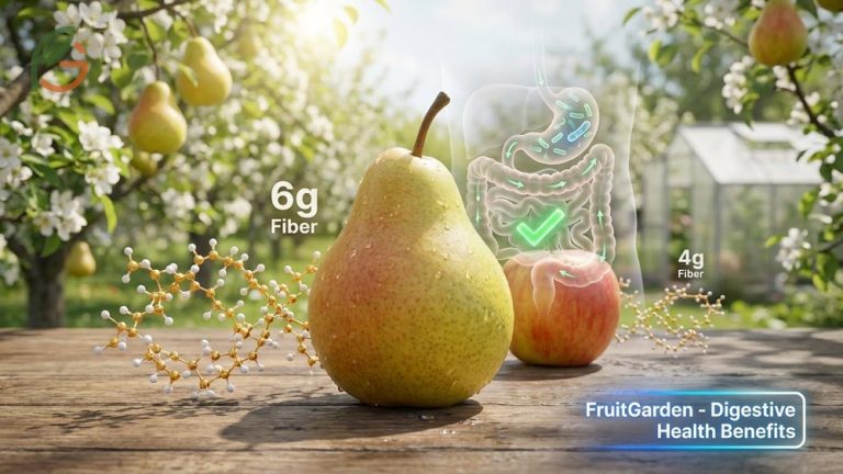 Pears fiber content showing 6 grams per medium fruit to support digestive health and beneficial gut bacteria.