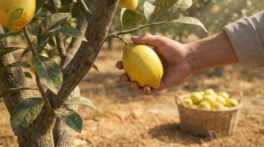 Picking lemons guide demonstrating the hand-twist method to remove fruit without damaging the branches.