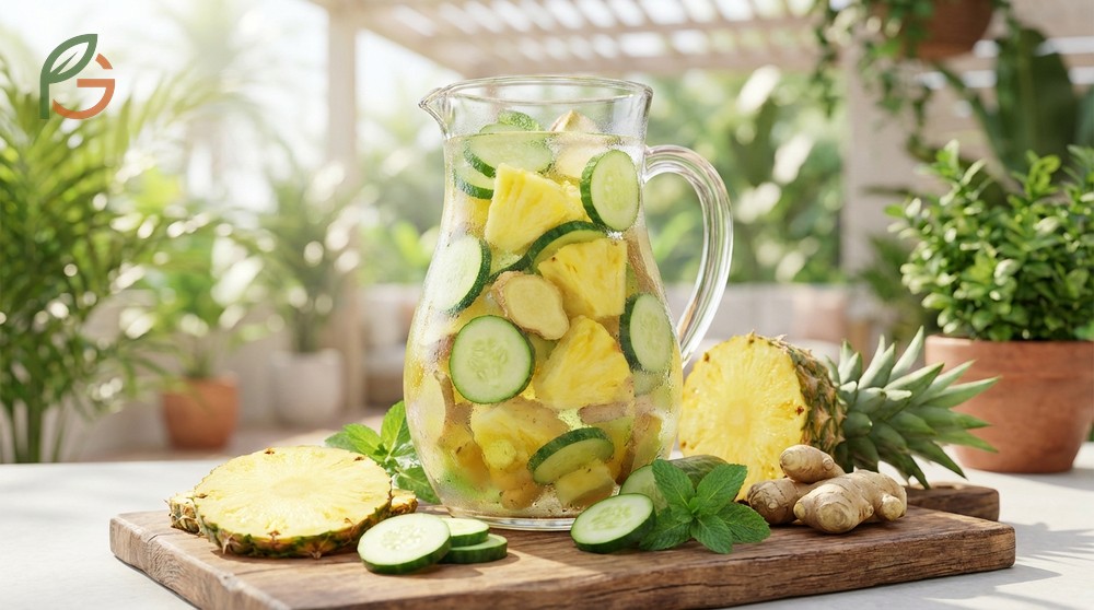 Pineapple cucumber ginger blend adds bromelain enzymes for digestion and ginger compounds to effectively reduce nausea symptoms.