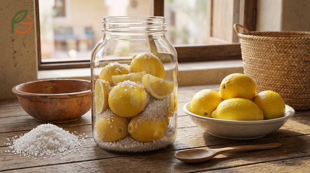 Preserved lemon recipe instructions involving quartering fruit and packing with coarse salt for a three week cure.