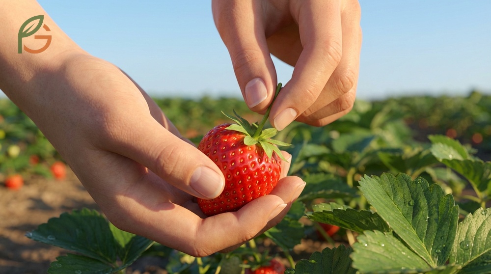 Hands gently pinching a strawberry stem above the calyx to harvest the fruit without damaging the plant.