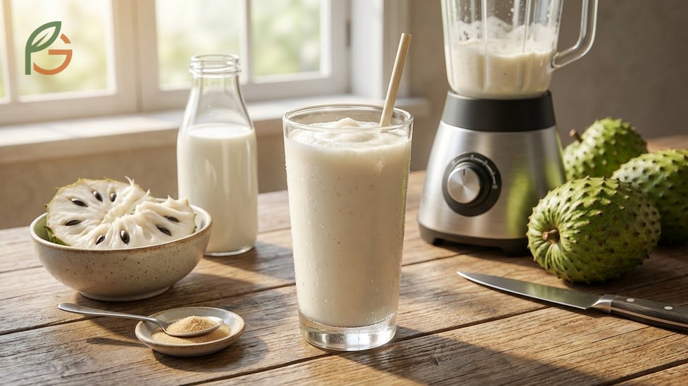 Soursop smoothie recipe using 1 cup of fresh flesh and milk blended for 30-45 seconds for a creamy texture.